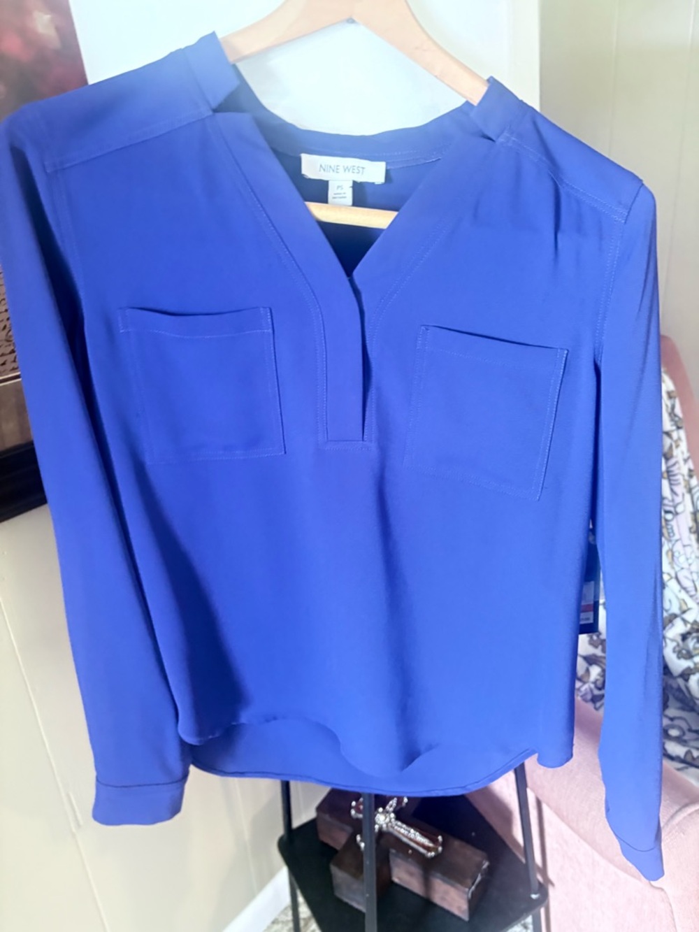 Nine West Cobalt Blue Split V-Neck Long Sleeve Blouse